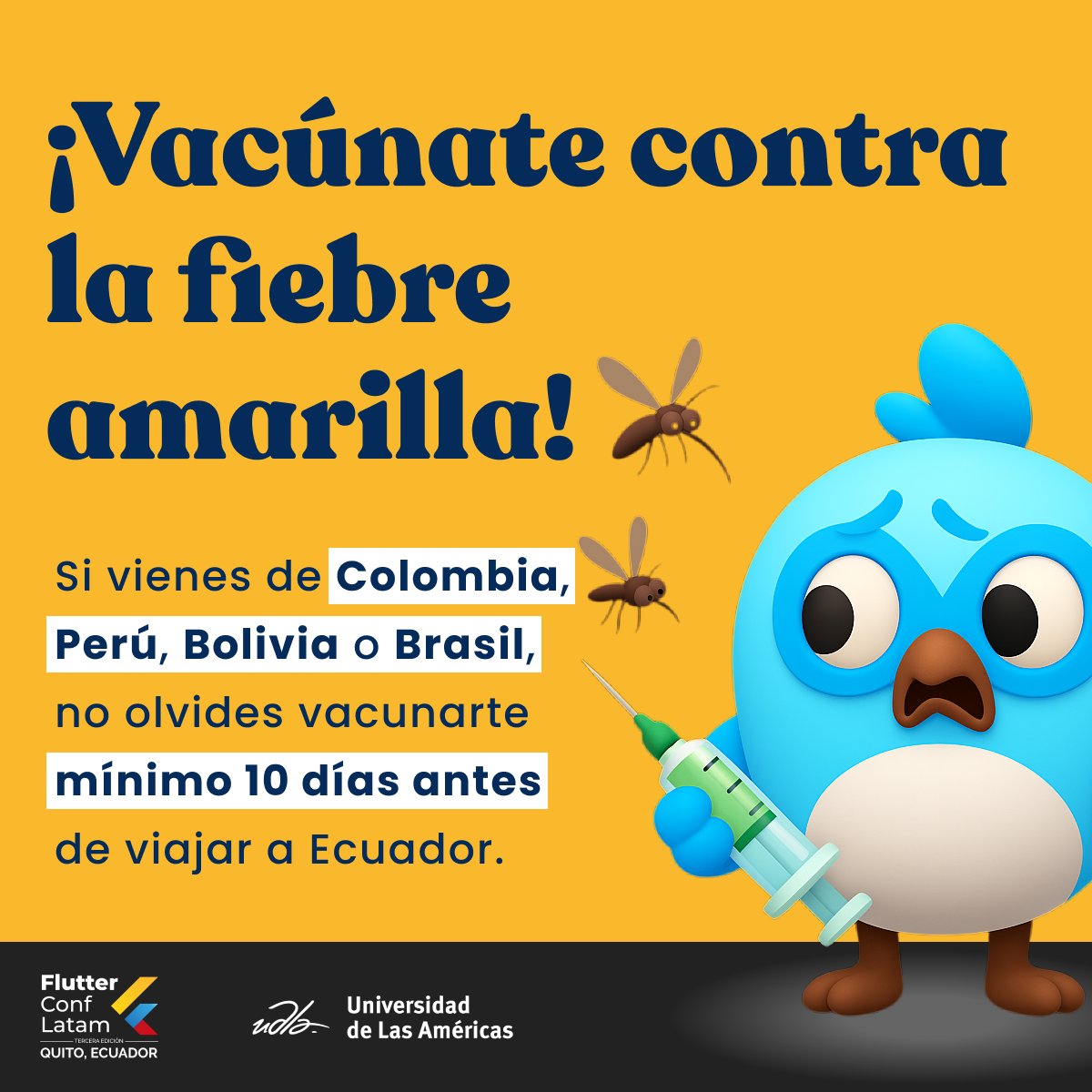 FlutterConf Latam (@flutterconflat) on Twitter photo Β‘AtenciΓ³n a todos los asistentes de FCL 2025! π¨π±π¨
VacΓΊnate contra la fiebre amarilla mΓnimo 10 dΓas antes de viajar a Ecuador (Si vienes de Colombia, PerΓΊ, Bolivia o Brasil π¨π΄π΅πͺπ§π΄π§π·)
Β‘Toma tus precauciones!
#FlutterConfLATAM #FlutterCommunity #LatamTech # #flutter Β‘AtenciΓ³n a todos los asistentes de FCL 2025! π¨π±π¨
VacΓΊnate contra la fiebre amarilla mΓnimo 10 dΓas antes de viajar a Ecuador (Si vienes de Colombia, PerΓΊ, Bolivia o Brasil π¨π΄π΅πͺπ§π΄π§π·)
Β‘Toma tus precauciones!
#FlutterConfLATAM #FlutterCommunity #LatamTech # #flutter