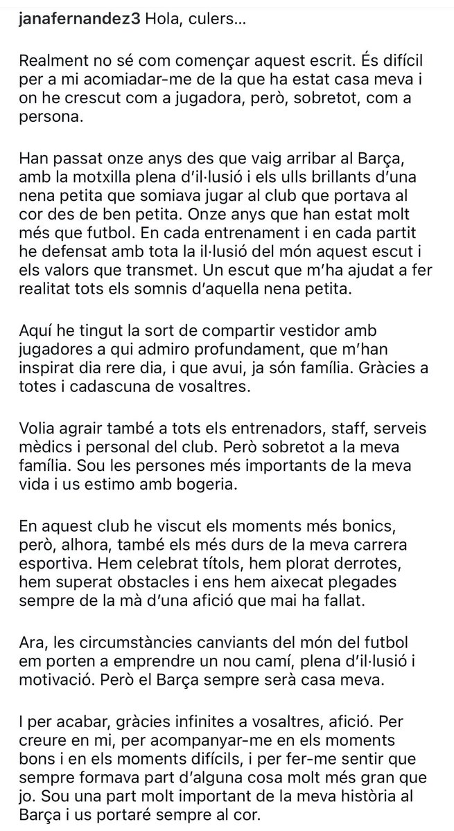 ZonaFutF's tweet photo. 🚨OFICIAL | Jana Fernández sale del Barça después de 11 años como culer y se va al London City. 

🏟️La defensa ha disputado 90 partidos con el conjunto blaugrana 

Ha ganado 6 Ligas, 5 copas de la Reina, 5 Supercopas y 3 Champions https://t.co/fULuFNu3cL