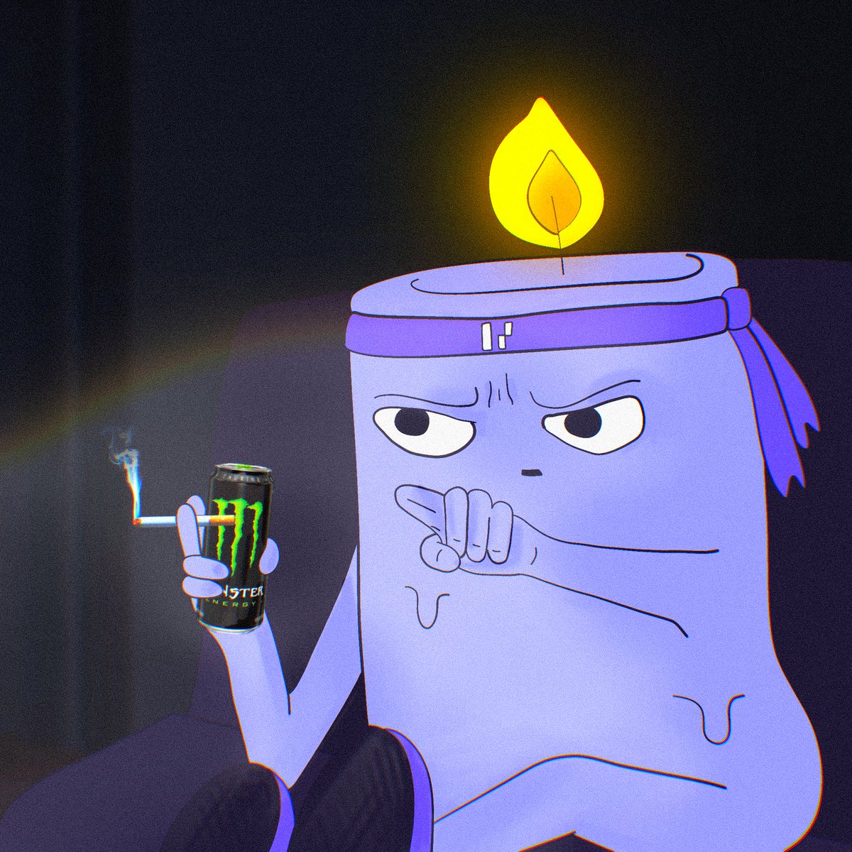 Perpl meme featuring a purple candle character holding a Monster Energy can