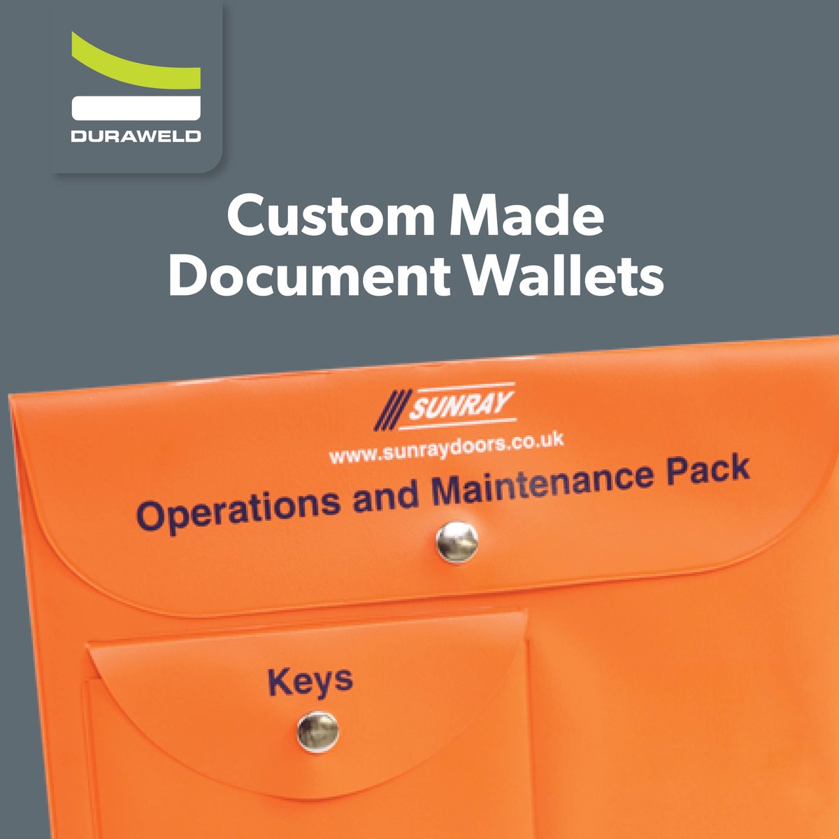 Custom Made Document Wallets

Tailored to your size, style &amp; purpose, from maintenance packs to archiving.Range of colours, plain or printed. 

duraweld.co.uk/document-walle…