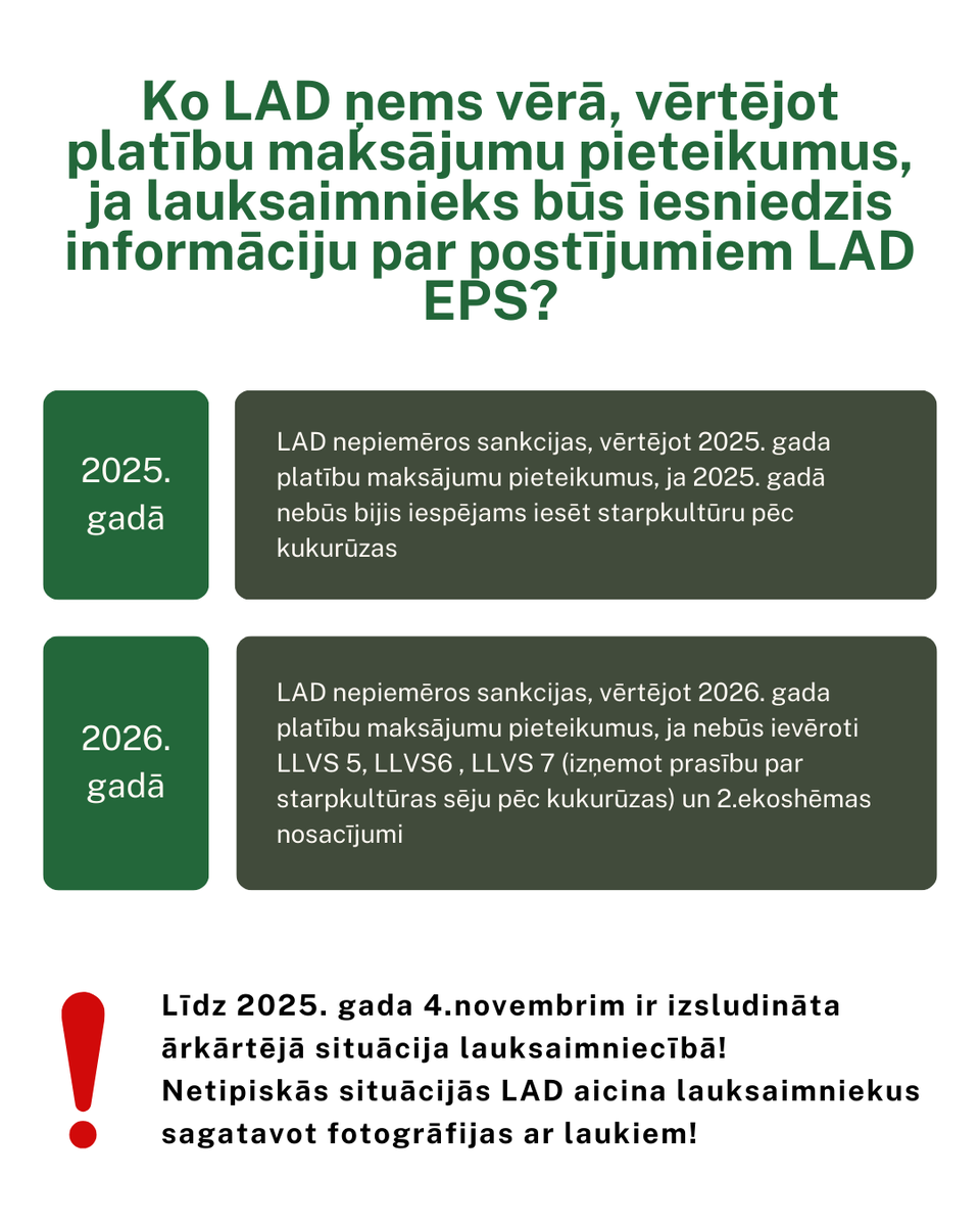 🌱 Zemkopības ministrija ir pieņēmusi lēmumu, ka, ņemot vērā nelabvēlīgos laikapstākļus 2025. gadā, ir pieļaujamas atkāpes saimniekojot un ievērojot dažādus nosacījumus, lai saņemtu platību maksājumus. 
👉lad.gov.lv/lv/jaunums/atk…