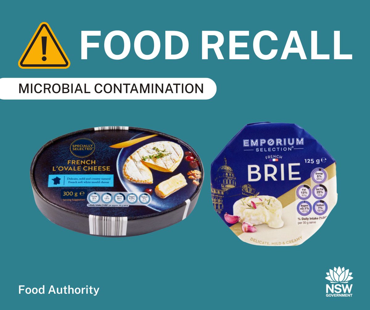 #Recall: ALDI is recalling Specially Selected French L’Ovale Cheese 300g &amp; Emporium Selection French Brie 125g due to potential microbial contamination. Date markings up to and incl. BEST BEFORE 01/10/2025. Sold in ALDI in NSW, ACT, VIC, QLD, SA &amp; WA. See: foodauthority.nsw.gov.au/news/recalls/a…