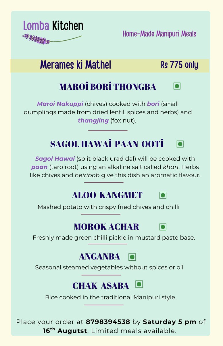 LombaKitchen's tweet photo. ✨We are back with our menus for Sunday lunch!✨

This time we are doing a vegetarian spread 🙂 We are cooking a thali with Maroi Bori Thongba, Sagol Hawai Utti and more. Pls check out our chakluk (thali) and portions menus

Prebook your Sunday lunch!
Call/WhatsApp: 8798394538. https://t.co/O4hVigPDz0