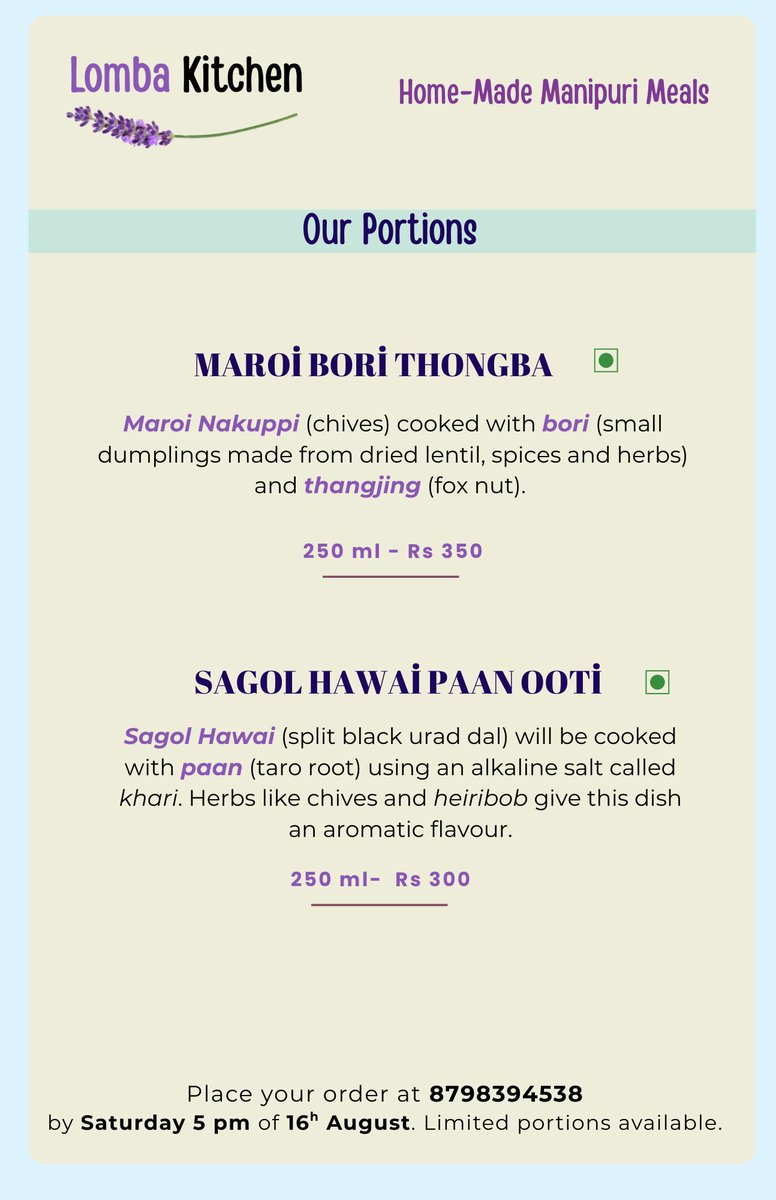 ✨We are back with our menus for Sunday lunch!✨

This time we are doing a vegetarian spread 🙂 We are cooking a thali with Maroi Bori Thongba, Sagol Hawai Utti and more. Pls check out our chakluk (thali) and portions menus

Prebook your Sunday lunch!
Call/WhatsApp: 8798394538.