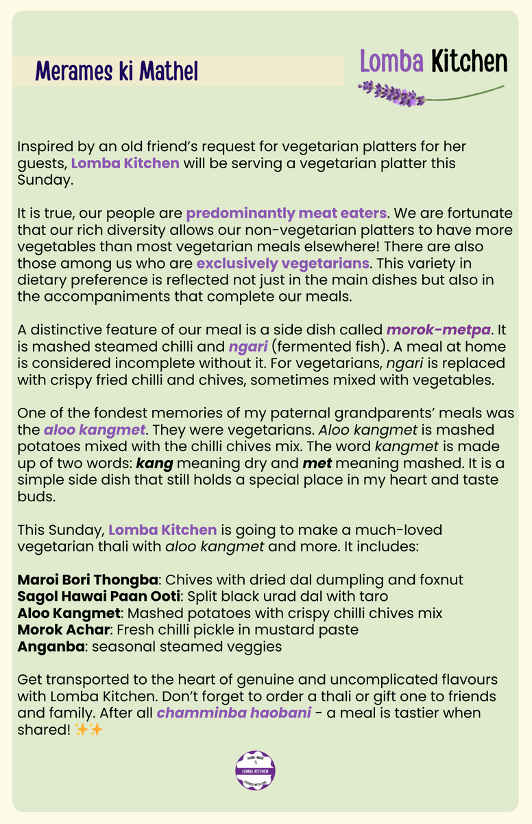 LombaKitchen's tweet photo. ✨We are back with our menus for Sunday lunch!✨

This time we are doing a vegetarian spread 🙂 We are cooking a thali with Maroi Bori Thongba, Sagol Hawai Utti and more. Pls check out our chakluk (thali) and portions menus

Prebook your Sunday lunch!
Call/WhatsApp: 8798394538. https://t.co/O4hVigPDz0