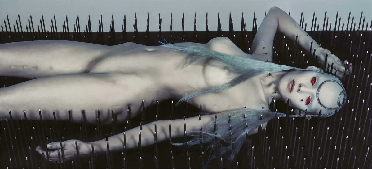 _joulian_'s tweet photo. Nick Knight, 'Bed of Nails, Shirley Mallmann for Alexander McQueen', 1998 https://t.co/PQEj8fsD6z