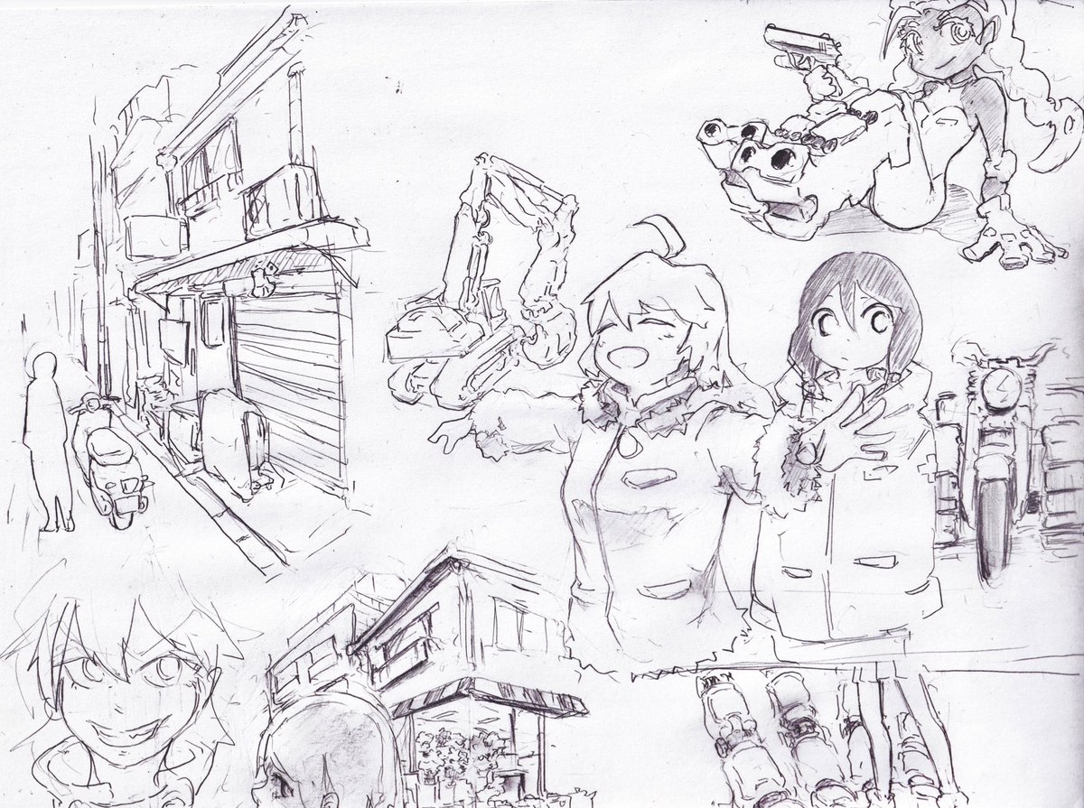 やっぱりスキャナで読み込んだ！
町並みとチトとユーリとガンスミスビッチ
#日々描く #アナログ絵