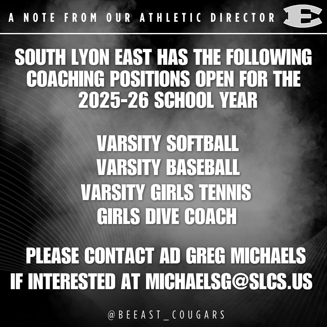 South Lyon East Athletic Department (@beeast_cougars) on Twitter photo South Lyon East is looking for some coaches for the 2025-26 school year! Please contact AD Greg Michaels at michaelsg@slcs.us if interested! #BeEAST South Lyon East is looking for some coaches for the 2025-26 school year! Please contact AD Greg Michaels at michaelsg@slcs.us if interested! #BeEAST