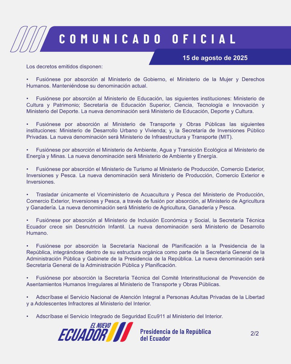 #AHORA | Los ministerios en Ecuador luego de las fusiones quedarán con los siguientes nombres.