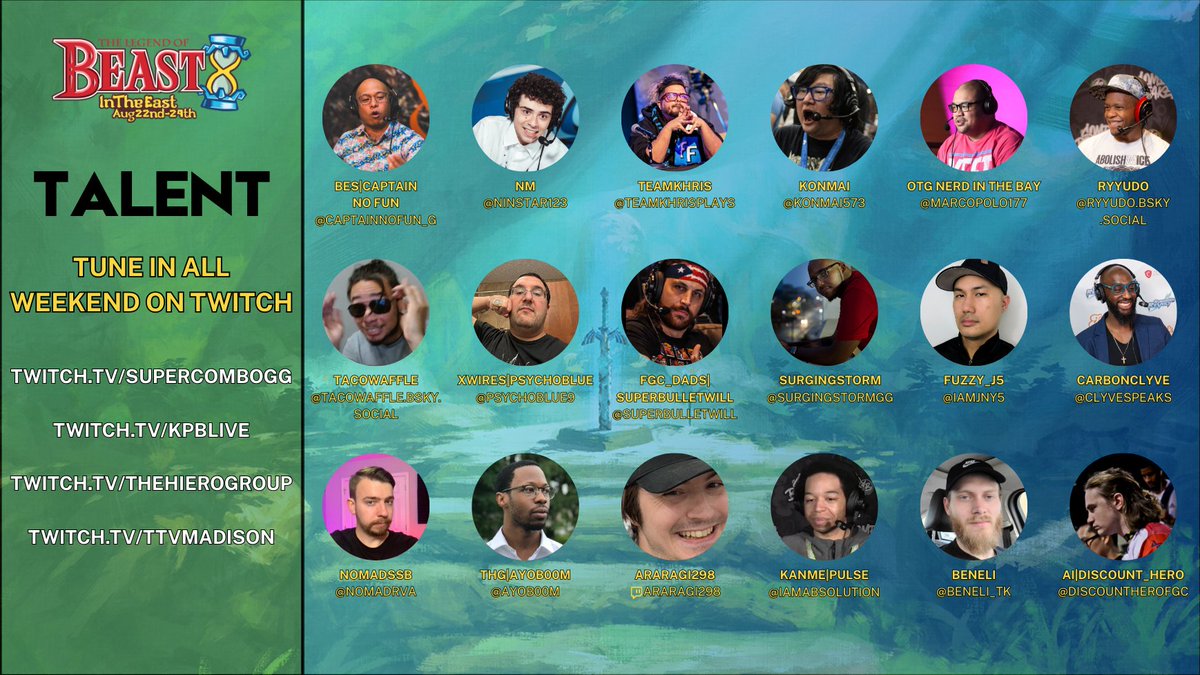 We're honored to be featuring this amazing lineup of commentators at our humble regional tournament and look forward to bringing you the action on FOUR broadcasts this year

August 22nd-24th
Hampton, VA

Tournament reg extended till midnight at start.gg/BITE8!

#BITE8