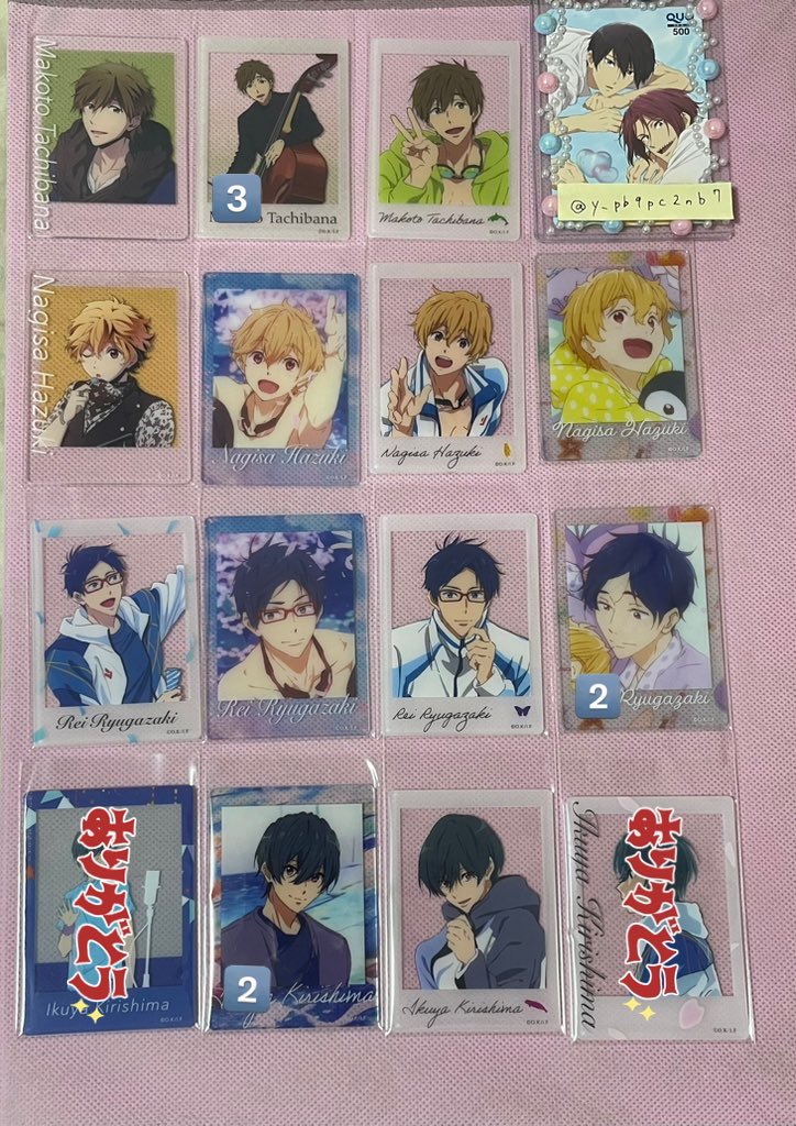 y_pb9pc2nb7's tweet photo. 【交換】Free! オケコン チェキ風クリアカード

譲：画像1-3枚目
（真琴、渚、怜、郁弥、宗介、旭、日和、愛一郎、尚、楓）
※3枚目オーロラ、数字は所持数

求：画像4枚目💖の凛、遙

郵送交換希望です。

お気軽にお声がけください。 https://t.co/Aq6VPeIf0D
