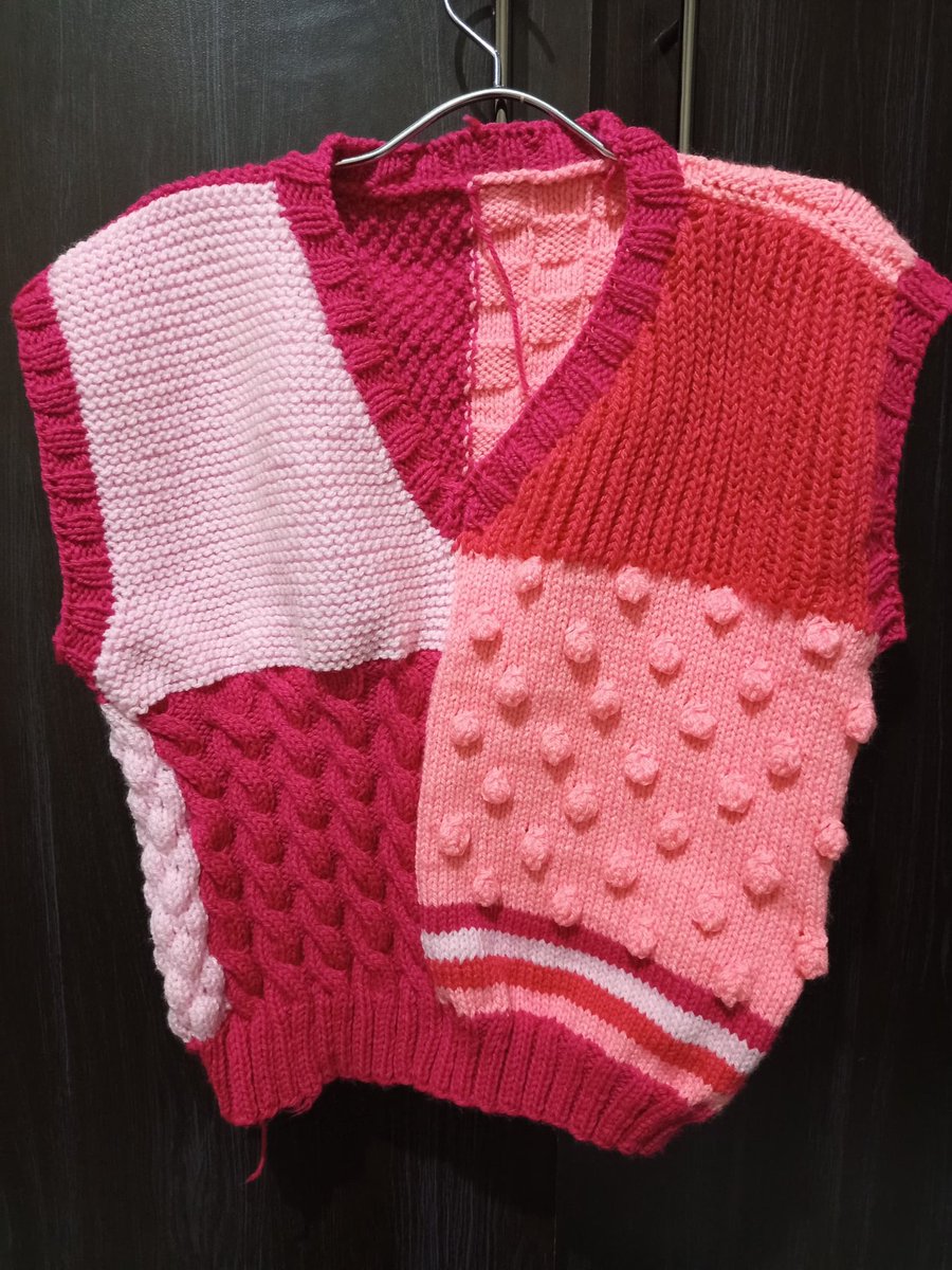 ugyarn's tweet photo. Strawberry Sundae Vest 🍓🍦
Mixed stitches, bold blocks, sweet vibes, meet my Strawberry Sundae Vest. Handmade, one-of-a-kind, and extra cozy. I still need to weave in the ends and block it so it looks proper💗❤️ #Knitting #Handmade" https://t.co/eIuYUxO2tA