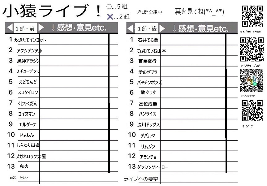 takastarfire's tweet image. 日曜日１本目(*^_^*)

小猿ライブ(*^_^*)

上位1組、 大首領大猿ライブ(賞金10万円)　へオファー！
次の1組、　首領猿ライブ(賞金2万5千円)　へオファー！

ホームページ
neta2024.stars.ne.jp

今後のライブ全日程こちらです🙇
ameblo.jp/odakarat/entry…

8月17日　(日曜日)　11時25分~14時30分@…