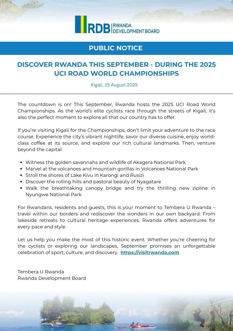 September promises an unforgettable celebration of sport, culture, and adventure.

Discover Rwanda during the 2025 UCI Road World Championships. 

#TemberaURwanda #VisitRwanda
