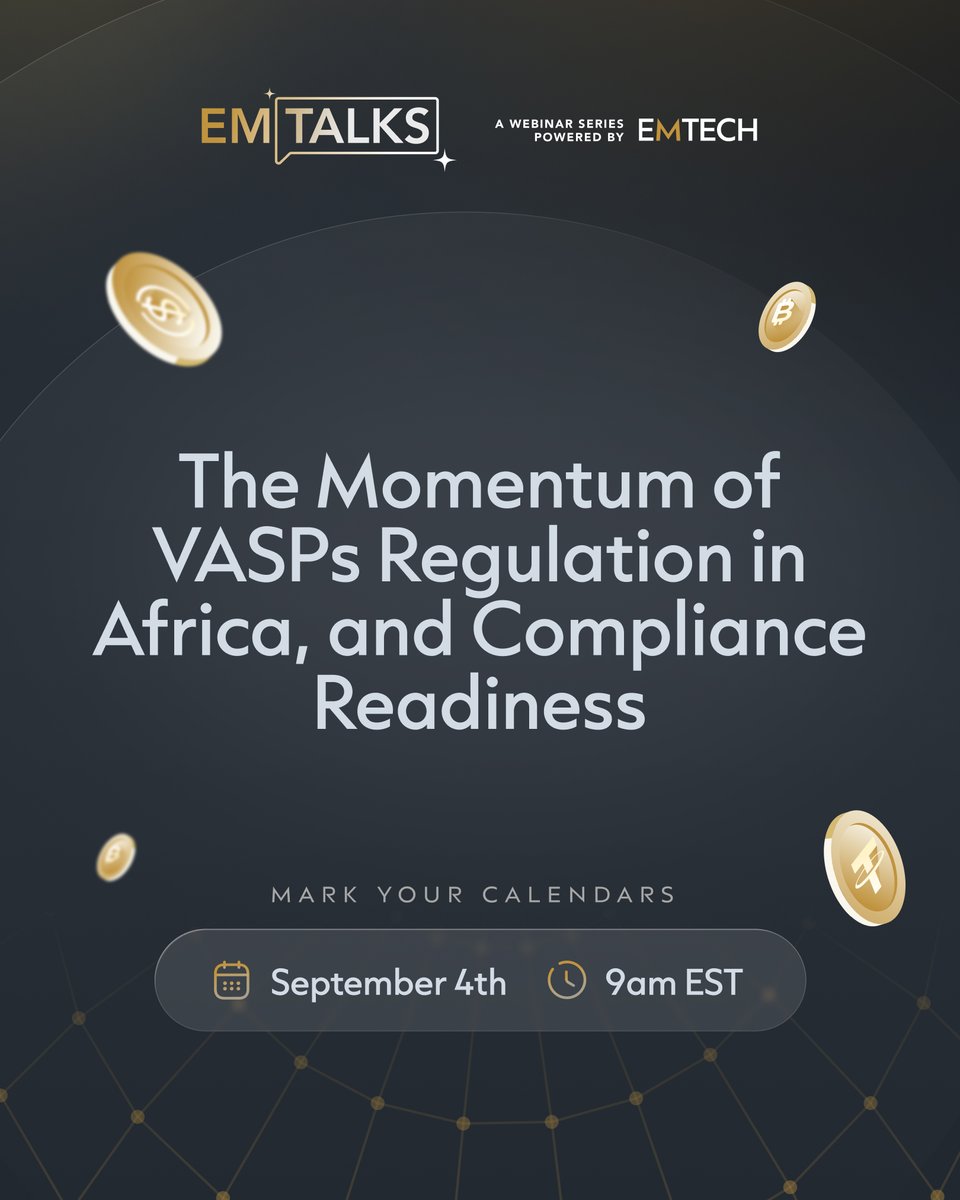 VASP regulation in Africa is gaining speed.

Ghana and Kenya are laying down frameworks and we’re bringing their regulators to EMTALKS.

🎙️ Webinar coming soon
#VASP #FintechAfrica #EMTALKS #ComplianceReady #Ghana #Kenya