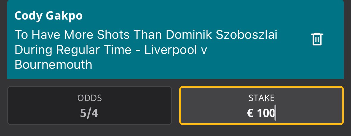 🔴Liverpool vs Bournemouth🍒

1u Cody Gakpo To Have More Shots Than Dominik Szoboslai

5/4 With Betfair Match Ups✅

In Liverpool’s home Premier League matches last season Dominik Szoboszlai averaged 1.79 shots per 90. When starting, he averaged 77.93 minutes before being