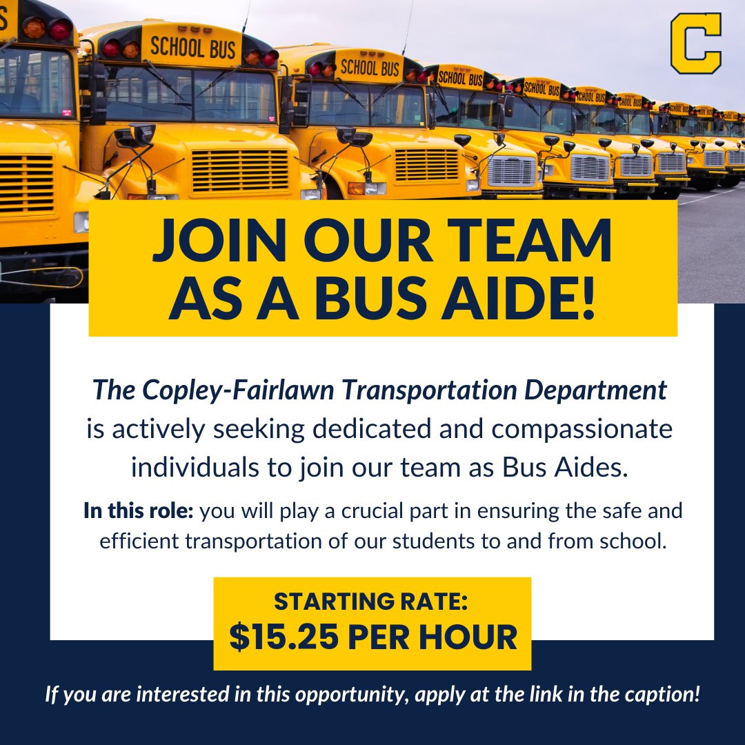 Make every ride to and from school a great part of the day! We’re looking for Bus Aides to support and care for students on their daily journeys. An essential role with meaningful work and a big impact—join our team! Apply in the link below. 

ow.ly/UFGy50WGf1C