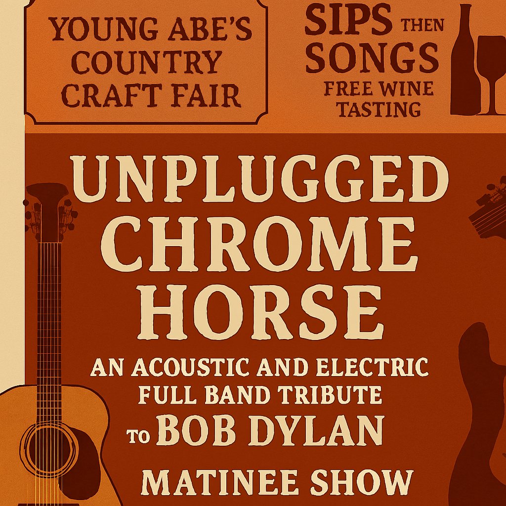 🎸 Season Finale: Oct 5! Chrome Horse brings a full-band tribute to Bob Dylan—acoustic &amp; electric classics🎶

👨‍👩‍👧‍👦 Kids 12 &amp; under FREE 🎨 Craft Fair all afternoon 🍷 Free wine tasting 2–4 PM (Monkey Hollow + Bottom of the Barrel) 🎟 GA tix: tinyurl.com/ChromeHorse
🍂🎤🍷