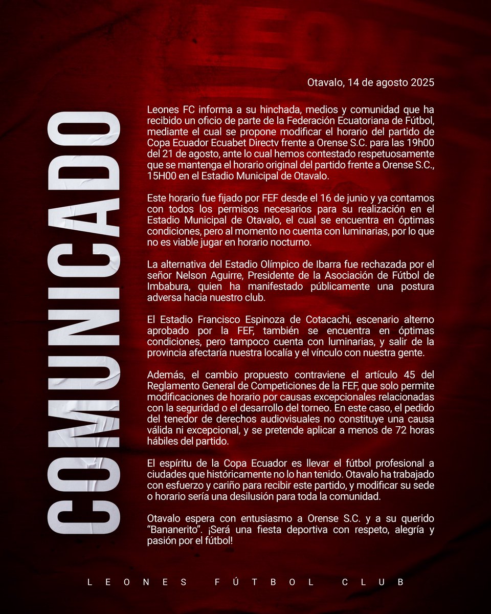 LeonesFC_Ec's tweet photo. COMUNICADO. https://t.co/vSmCjDfBPF