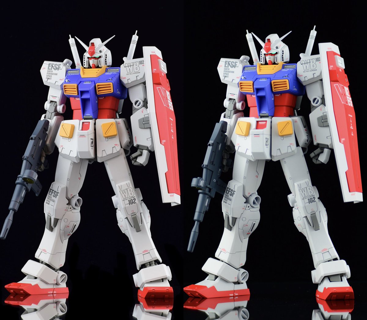 MGガンダムver.Ka、右がアップデートバージョンです。
股間の大型化、スリッパ形状変更、拳変更