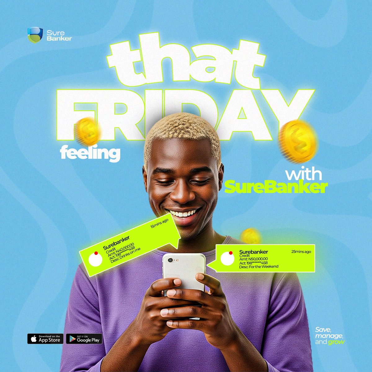 SureBanker_ai's tweet image. That alert dance hits different on Fridays!
With SureBanker, your weekend plans are already funded. 😉

Save. Manage. Grow.💙

#ThatFridayFeeling #SureBanker #WeekendVibes