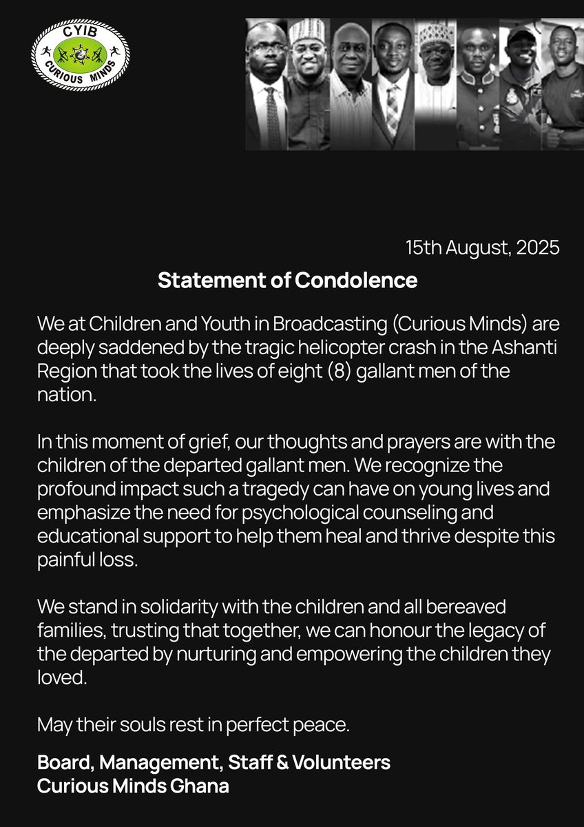 All of us at <a href="/cmghana/">Curious Minds Ghana</a> mourn the loss of the eight gallant men in the Ashanti Region helicopter crash. 

Our hearts are with their children and families. May we honour their legacy by supporting and empowering the young lives they cherished. 🕊️ 

#CMGhana #GhanaMourns