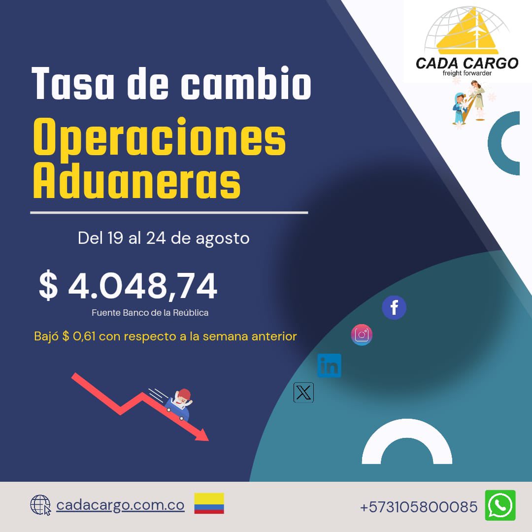 cadacargo's tweet photo. Buenos días, tasa de cambio para operaciones aduaneras de la próxima semana🇨🇴 

Somos tu operador logístico. ⚓️🛫🛂

#TasaDeCambio #CadaCargo #Aduana #TRM #SolucionesCadaCargo https://t.co/HjqTF3wvEH