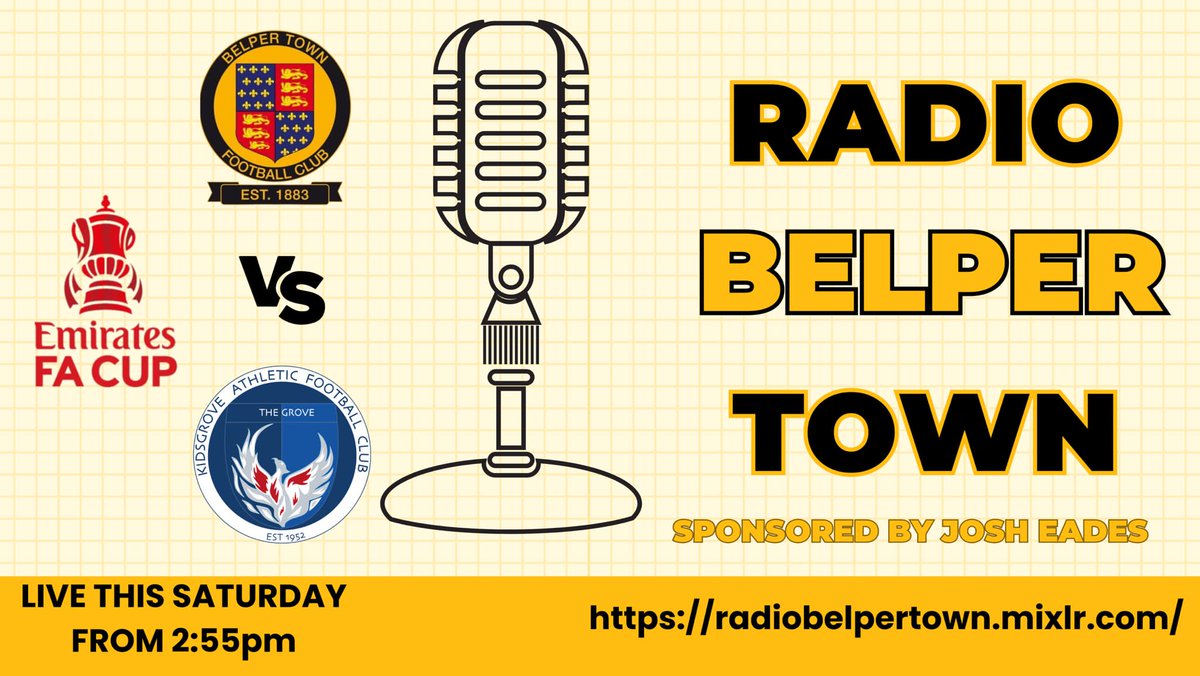 Tomorrow live commentary is back!
<a href="/BelperTownFC/">𝗕𝗲𝗹𝗽𝗲𝗿 𝗧𝗼𝘄𝗻 | 𝟣𝟪𝟪𝟥</a> vs <a href="/OfficialKAFC/">Kidsgrove Athletic FC</a> in the <a href="/EmiratesFACup/">Emirates FA Cup</a>.
Tune in from 14:55 for all of the action live from The Raygar Stadium from myself. COYN. The road to Wembley starts tomorrow.