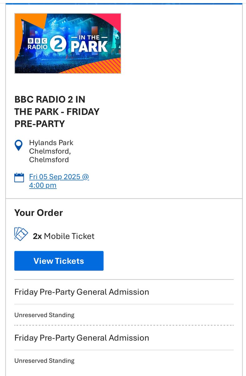 Unable to attend..

Anyone interested - £35 each face value. 
£50 for the pair, and will electronically transfer ticket. 

#BBC #Radio2InThePark #chelmsford