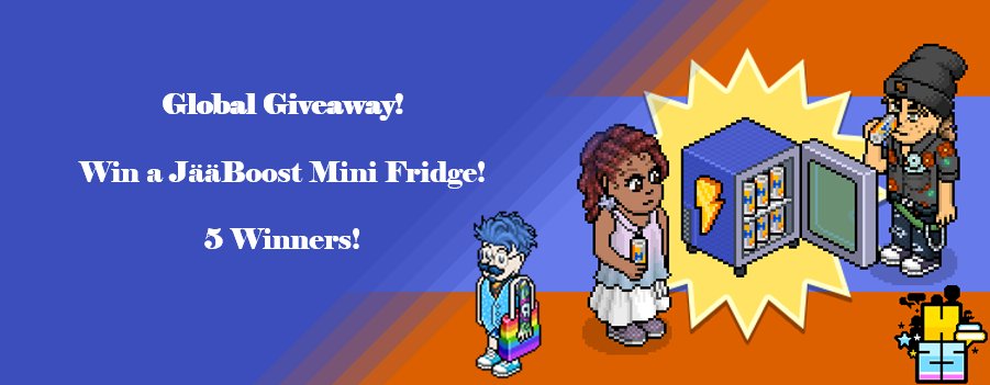 🌎 Global Giveaway! 

✨ JääBoost Mini Fridge ✨

5 Winners! #Habbo25 

1⃣ Follow me &amp; <a href="/Habbo/">Habbo</a> ⬅️
2⃣ Like 💙
3⃣ Retweet ♻️
4⃣ Comment with your Habbo username and your hotel

Winners will be announced on 08/20