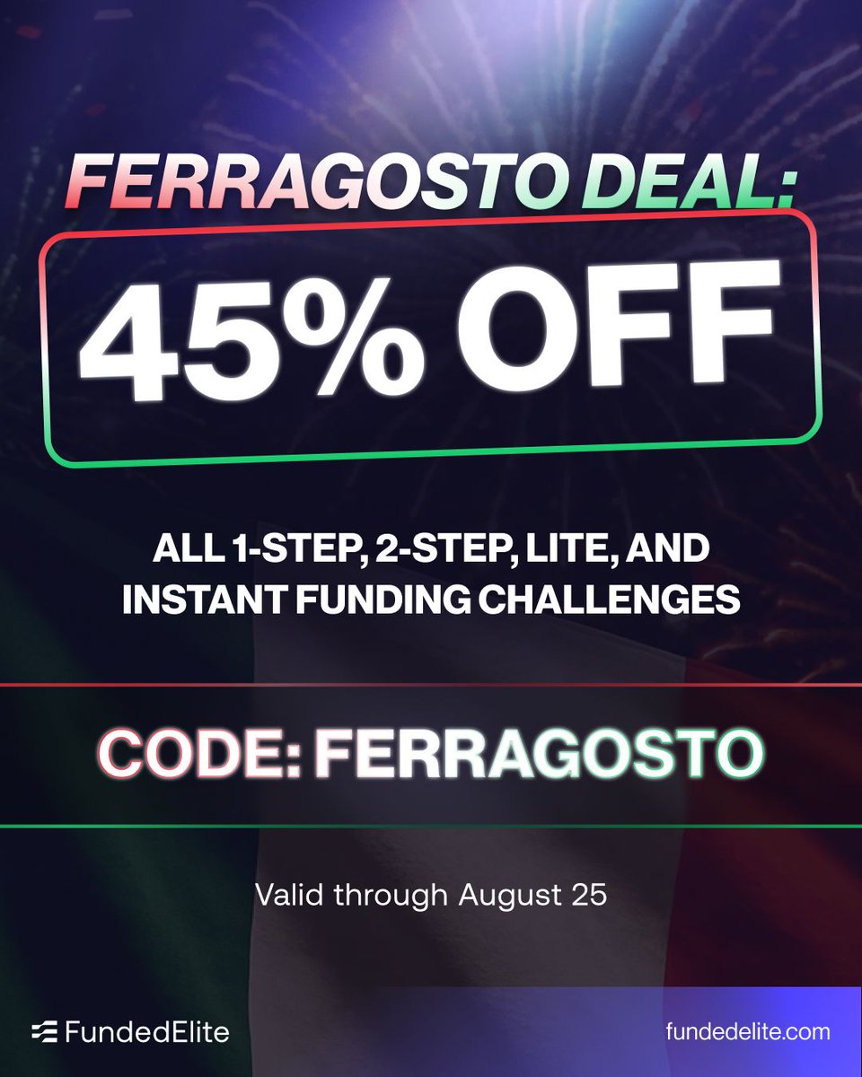 Ferragosto just dropped a gift.
Get 45% off all challenges - 1-Step, 2-Step, Lite, and Instant.

Use code FERRAGOSTO at checkout. Valid through Aug 25.