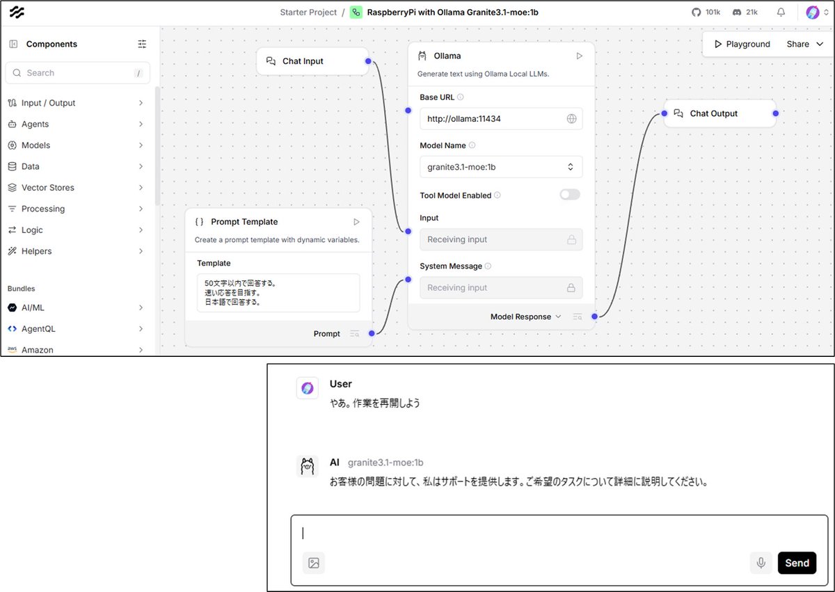 1_Kano2's tweet image. その1. Langflow を使って Ollama + Granite モデルをラズパイ4に構築した。メモリ8GBと十分だったが、CPU 400%/4コアフル稼働しても60秒超過なので Granite3.1-moe:1b に交換し10秒前後。#Langflow #Granite