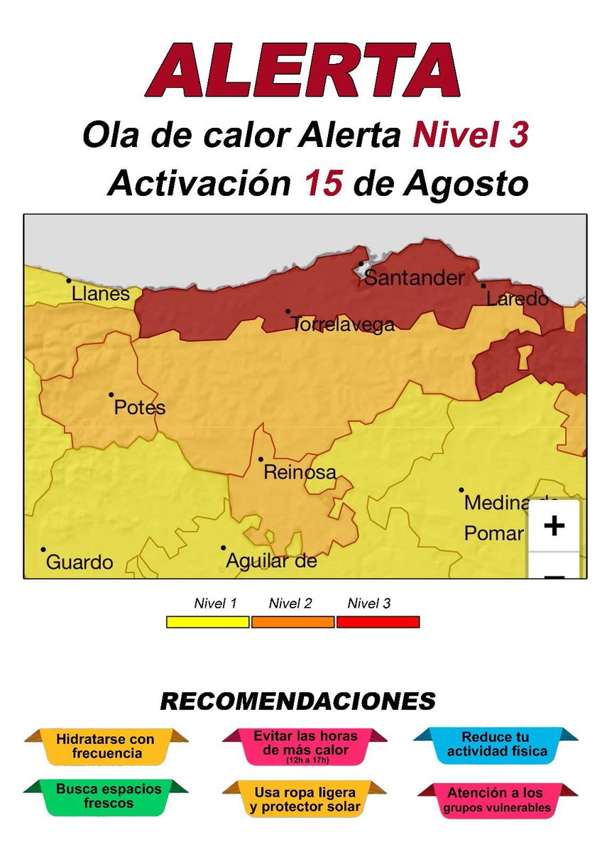 PC_Cartes's tweet photo. Precaucion avisos por temperaturas extremas 38 ºC.
Nivel: naranja.
Ámbito geográfico: Cantabria (Centro y valle de Villaverde).
Hora de comienzo: 13:00 hora oficial del 15/08/2025.
Hora de finalización: 21:00 hora oficial del 15/08/2025.
Probabilidad: 40%-70%. https://t.co/htMZK2XXRv