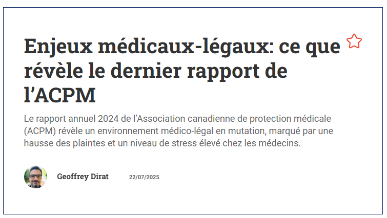 Canadian Medical Protective Association (@cmpamembers) on Twitter photo Medico-legal issues ARE evolving—What does CMPA’s latest Annual Report reveal?
CMPA's Dr. Pamela Eisener-Parsche speaks with <a href="/ProfessionSante/">Profession Santé</a> on:
🔹Increase in complaints
🔹#PhysicianWellness
🔹Medico-legal landscape in QC
Read (in French & gated): professionsante.ca/enjeux-medicau… Medico-legal issues ARE evolving—What does CMPA’s latest Annual Report reveal?
CMPA's Dr. Pamela Eisener-Parsche speaks with <a href="/ProfessionSante/">Profession Santé</a> on:
🔹Increase in complaints
🔹#PhysicianWellness
🔹Medico-legal landscape in QC
Read (in French & gated): professionsante.ca/enjeux-medicau…
