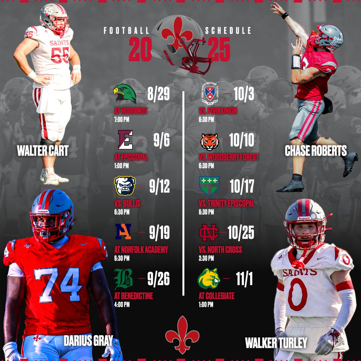 Football - Schedule Release
The varsity football team kicks off its season in two weeks at Huguenot, August 29. The team is led by captains Walter Cart '26, Darius Gray '26, Chase Roberts '26 and Walker Turley '26.
#StCVAFB
