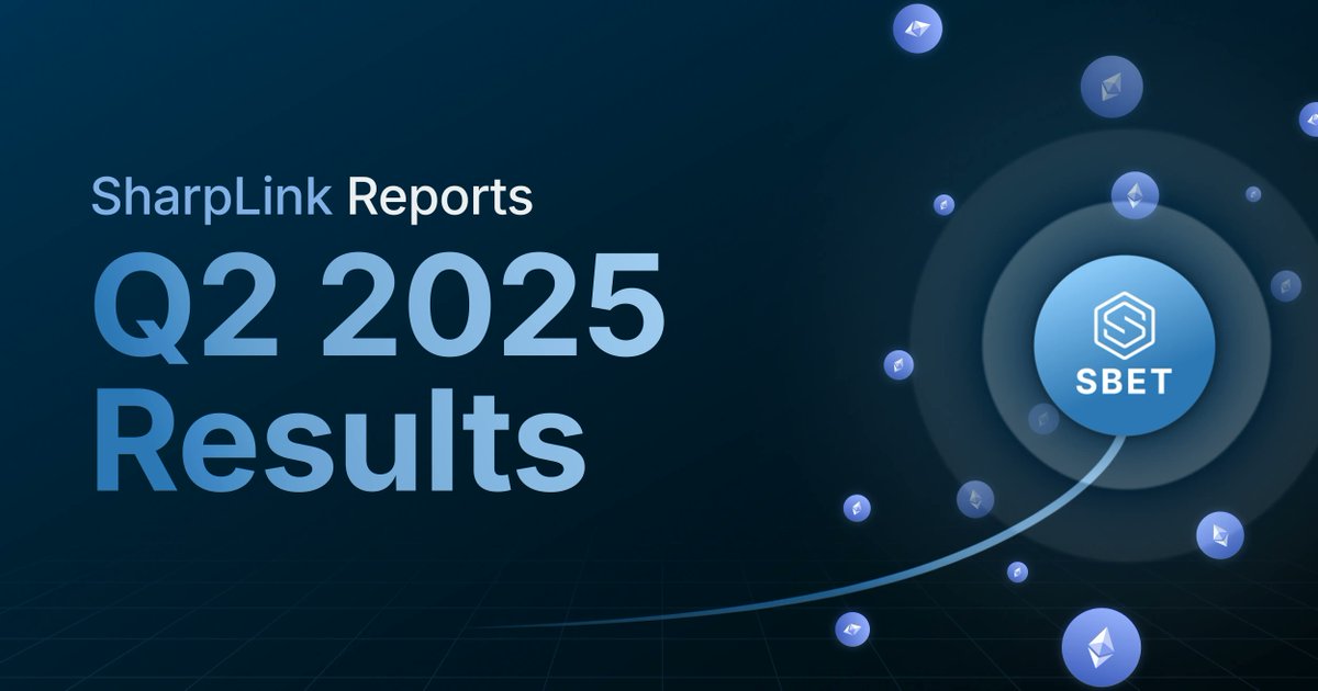 SharpLink Gaming (@sharplinkgaming) on Twitter photo NEW: SharpLink reports Q2 2025 results:
✅ Total Raised: $2.6B
✅ Holdings: 728,804 ETH ($3.3B)
✅ ETH Concentration: 3.95 (98% increase)
✅ New Chairman: Joe Lubin <a href="/ethereumJoseph/">Joseph Lubin</a>
✅ New Co-CEO: Joseph Chalom <a href="/joechalom/">Joseph Chalom</a> NEW: SharpLink reports Q2 2025 results:
✅ Total Raised: $2.6B
✅ Holdings: 728,804 ETH ($3.3B)
✅ ETH Concentration: 3.95 (98% increase)
✅ New Chairman: Joe Lubin <a href="/ethereumJoseph/">Joseph Lubin</a>
✅ New Co-CEO: Joseph Chalom <a href="/joechalom/">Joseph Chalom</a>