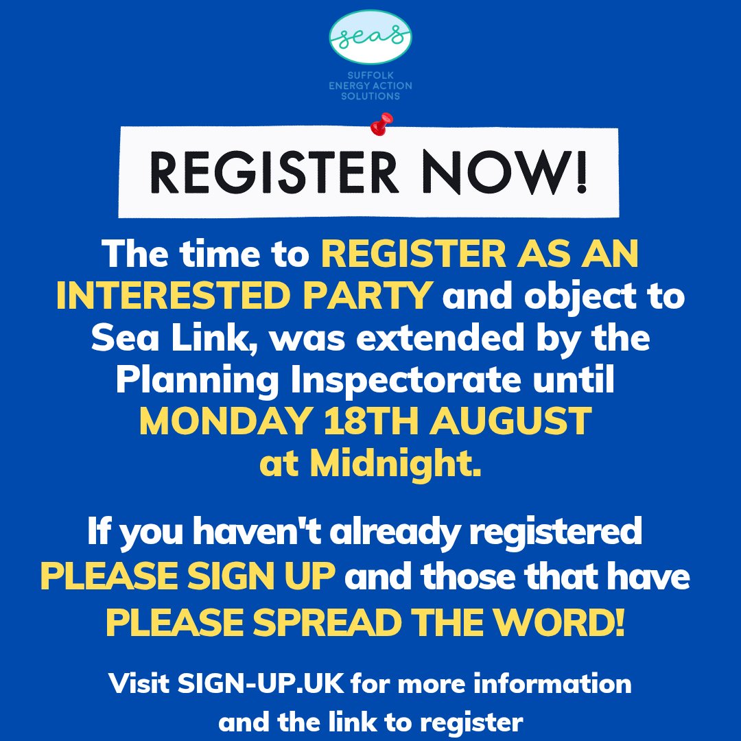 ⚠️⚠️Its the FINAL FEW DAYS for you to register as an interested party and have your say on the National Grid SEA LINK project, earmarked for this small and already strained area of Suffolk.

If you did not get round to registering last time... this is your final opportunity. 

If