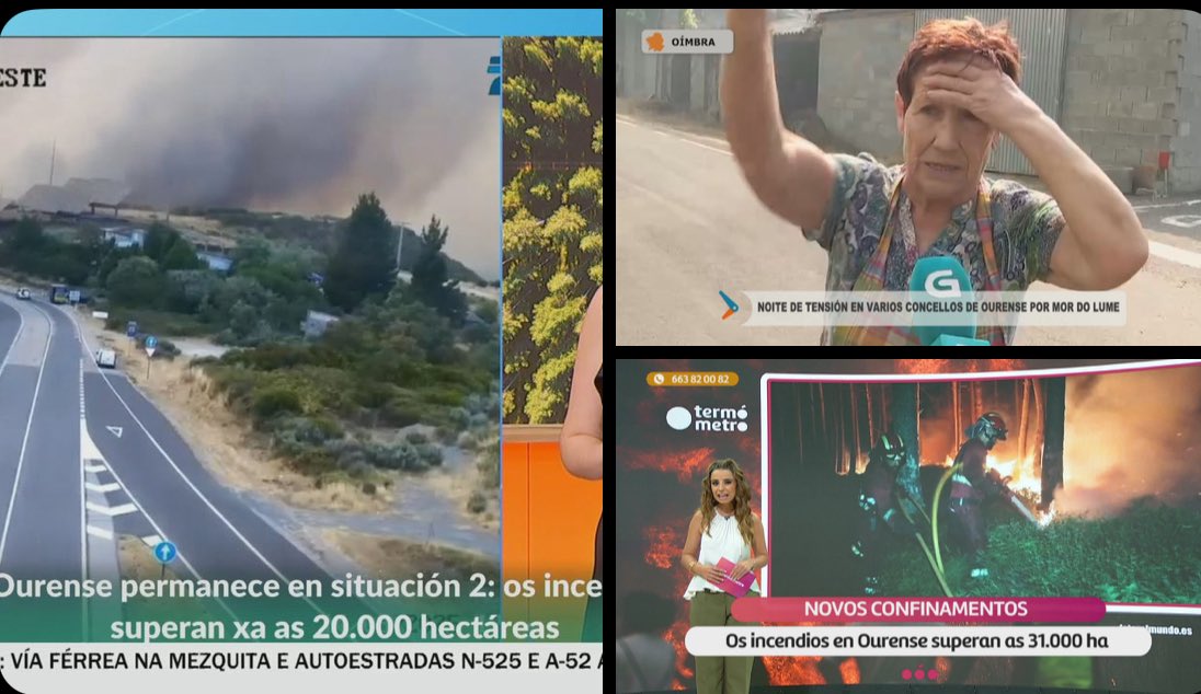 Así foi a cobertura dos programas (externalizados) da TVG.

Quen anda aí?' (14 de agosto): 13' dedicados aos incendios (170' de programa)
Hora Galega (14 de agosto): 8' (70' de programa)
O termómetro (15 de agosto): 1' 15" (120' de programa)

Xulgade vós mesmos o servizo público.