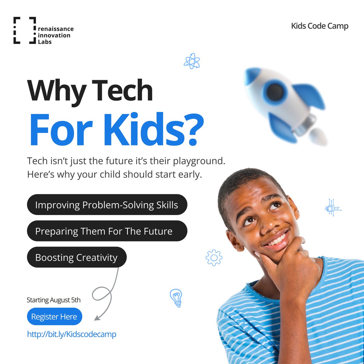 RxLabsHQ's tweet image. Tech is more than screens. It’s a playground for curiosity, creativity and problem-solving 🚀 Enroll your child in our Kids Code Camp starting August 5th and watch them build skills for the future 💡 #KidsInTech #Innovation #Stem  #FutureReady