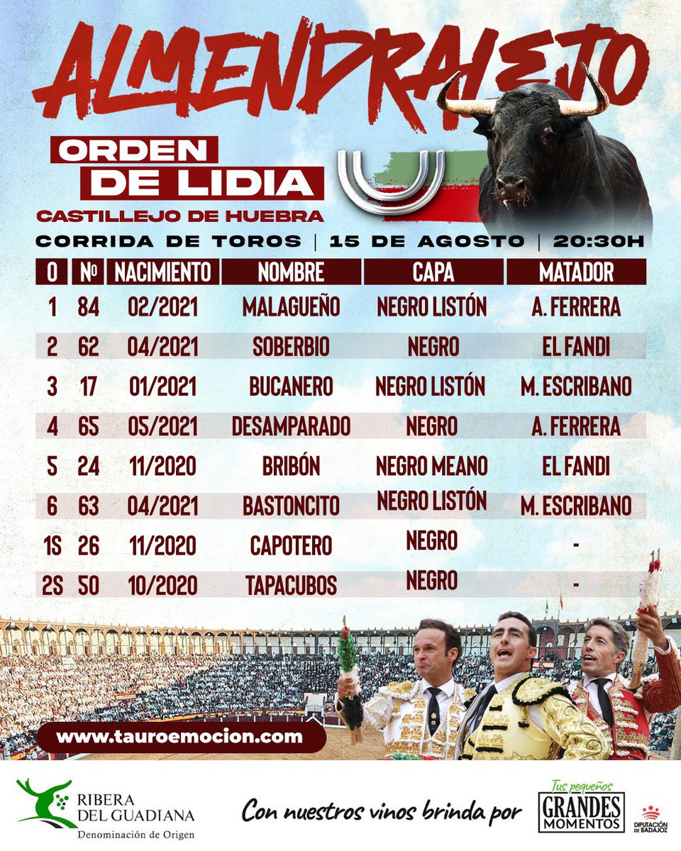 📋 𝗢𝗥𝗗𝗘𝗡 𝗗𝗘 𝗟𝗜𝗗𝗜𝗔 

💥 Ya se ha realizado el sorteo de los toros de 𝗖𝗔𝗦𝗧𝗜𝗟𝗟𝗘𝗝𝗢 𝗗𝗘 𝗛𝗨𝗘𝗕𝗥𝗔 que se lidiarán esta tarde en la corrida de toros con motivo de la 𝗙𝗘𝗥𝗜𝗔 𝗬 𝗙𝗜𝗘𝗦𝗧𝗔𝗦 𝗗𝗘 𝗟𝗔 𝗩𝗜𝗥𝗚𝗘𝗡 𝗗𝗘 𝗟𝗔 𝗣𝗜𝗘𝗗𝗔𝗗.