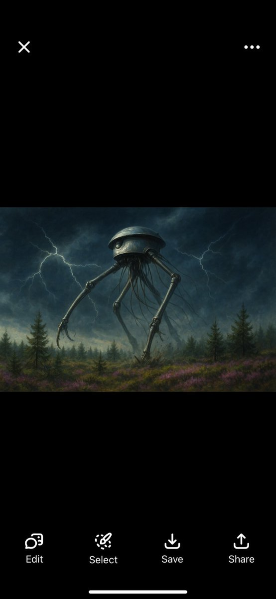 And this Thing I saw! How can I describe it? A monstrous tripod, higher than many houses, striding over the young pine trees, and smashing them aside in its career; a walking engine of glittering metal, striding now across the heather; articulate ropes of steel dangling from it,