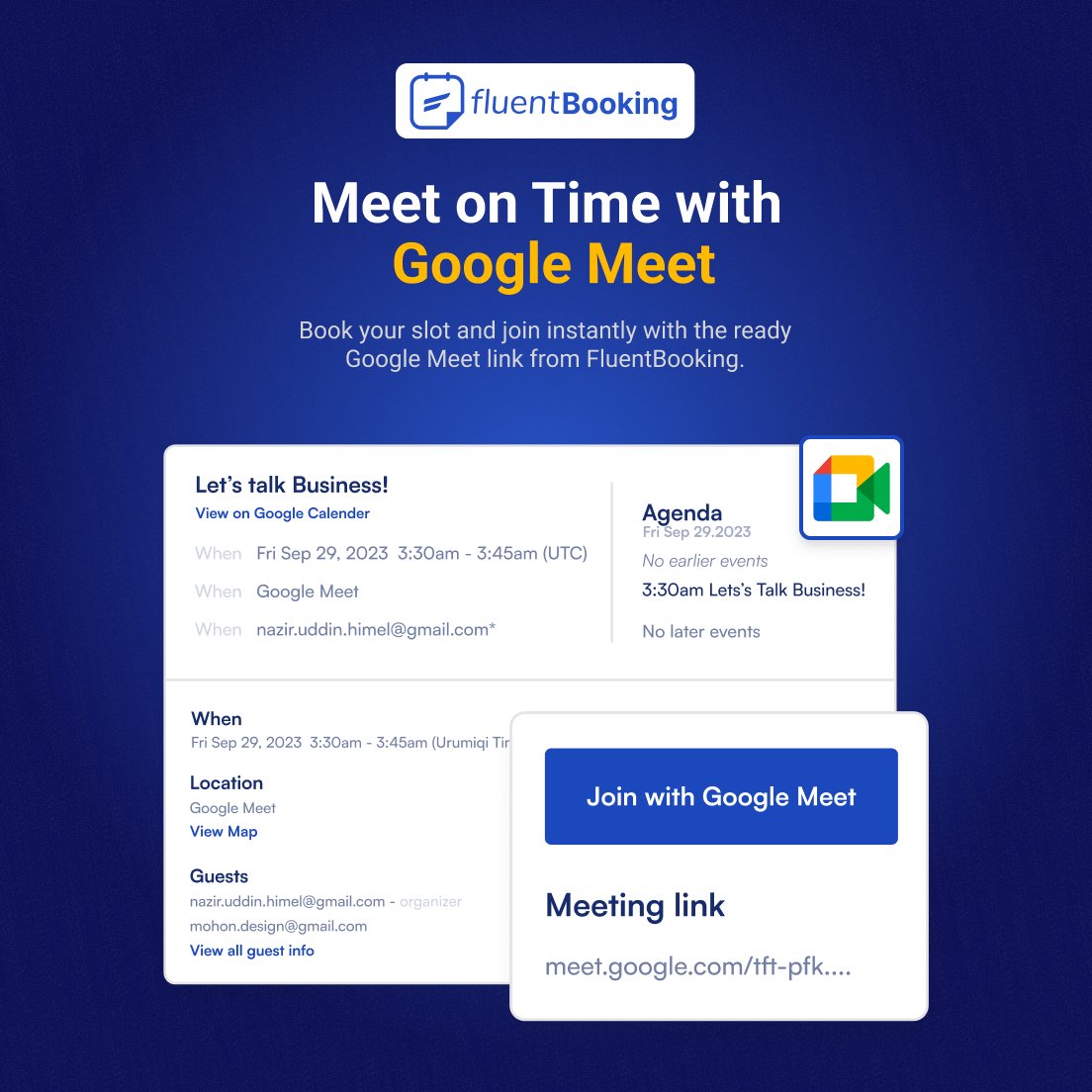 FluentBooking (@fluentbooking) on Twitter photo FluentBooking works with Google Meet, so every time you book a meeting, you get a ready link to join right away. No need to create or share links separately, just click and start your meeting without delay.
#WordPress #googlemeet #booking #AppointmentBooking FluentBooking works with Google Meet, so every time you book a meeting, you get a ready link to join right away. No need to create or share links separately, just click and start your meeting without delay.
#WordPress #googlemeet #booking #AppointmentBooking