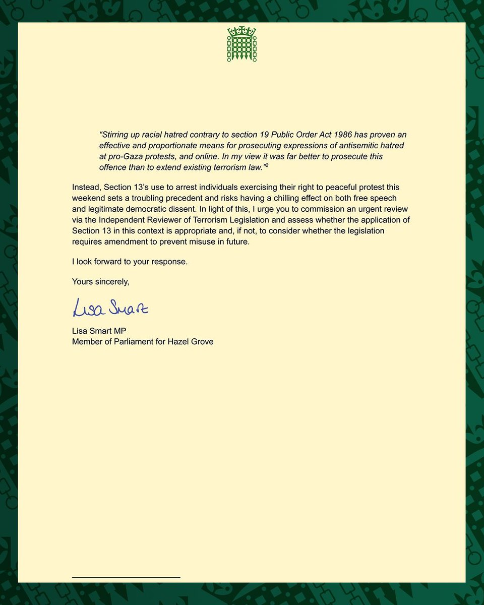 LibDems's tweet image. “Peaceful protest is a fundamental pillar of any liberal democracy, and this legislation is denying people that right.”

@LisaSmart writes to the Home Secretary to challenge the Terrorism Act 2000 -  after terrorism powers were against peaceful protesters supporting Palestine…