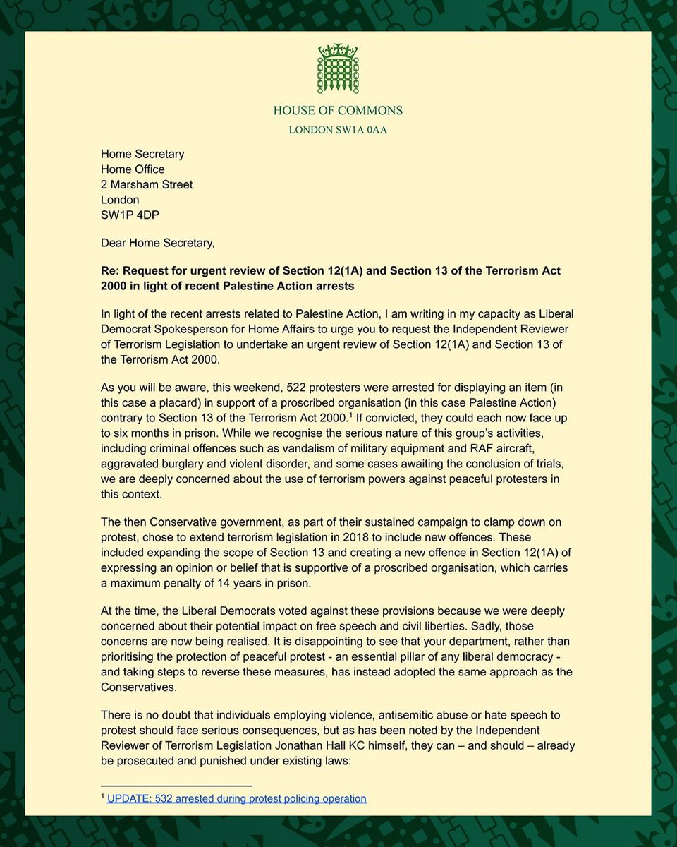 LibDems's tweet image. “Peaceful protest is a fundamental pillar of any liberal democracy, and this legislation is denying people that right.”

@LisaSmart writes to the Home Secretary to challenge the Terrorism Act 2000 -  after terrorism powers were against peaceful protesters supporting Palestine…