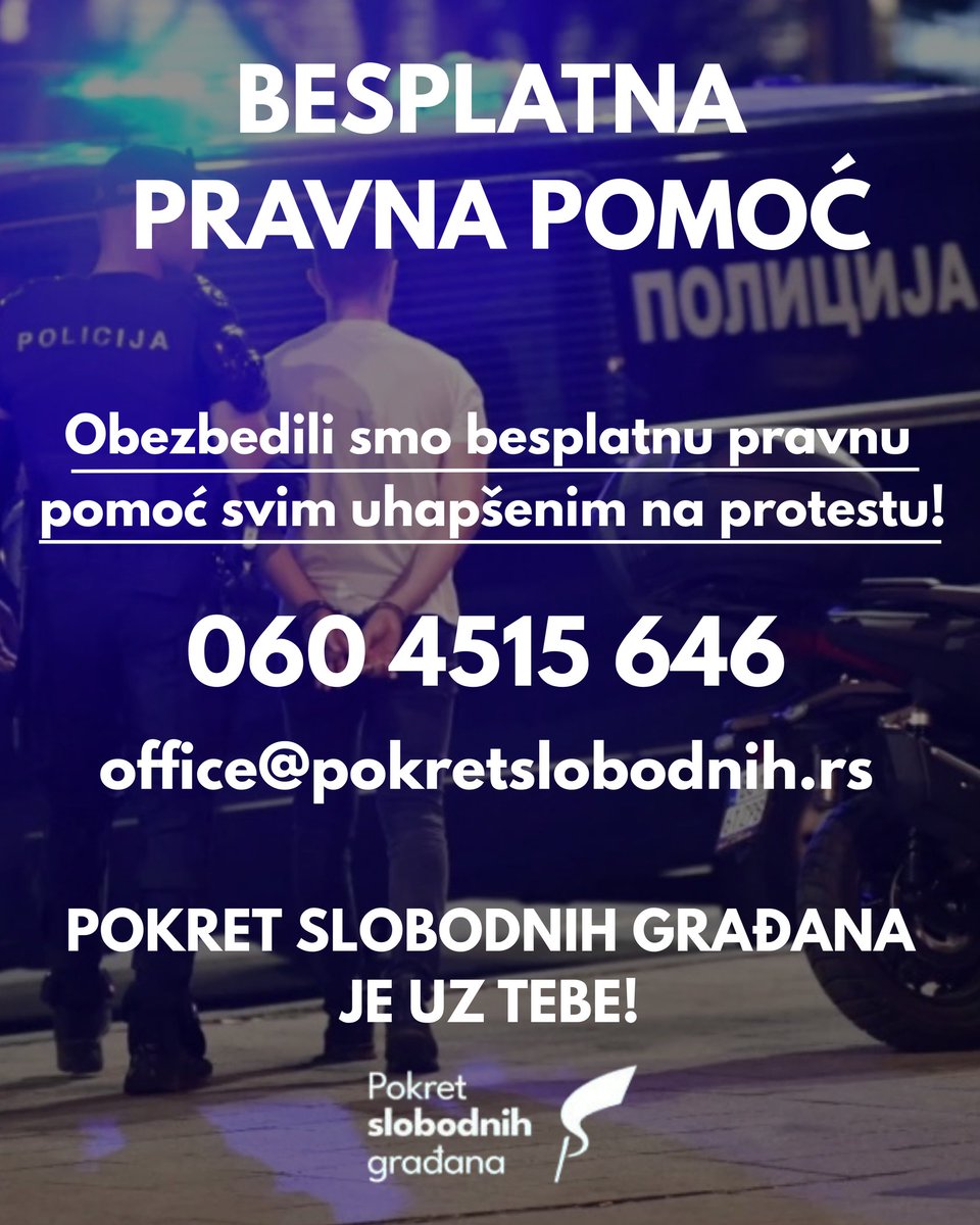 Pravni tim Pokreta slobodnih građana pruža besplatnu pravnu pomoć svim građanima čija su prava ugrožena za vreme protesta! 

☎️060 451 56 46 
📩 office@pokretslobodnih.rs 

Foto - Vesna Lalić/Nova.rs