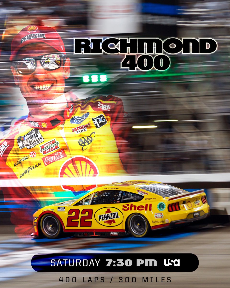 Joey Logano (@joeylogano) on Twitter photo Richmond #NASCAR Cup Series Agenda:
FRI - 4:30pm ET | Practice on TruTV
FRI - 5:40pm ET | Qualifying on TruTV
SAT - 7:30pm ET | Green Flag on USA
<a href="/Team_Penske/">Team Penske</a> <a href="/ShellStationsUS/">Shell Stations</a> <a href="/Pennzoil/">Pennzoil</a> <a href="/FordPerformance/">Ford Performance</a> <a href="/CocaColaRacing/">Coca-Cola Racing</a> #CokePartner <a href="/hbpRacing/">HBPRacing</a> <a href="/MaxxSunglasses/">Maxx Eyewear</a> Richmond #NASCAR Cup Series Agenda:
FRI - 4:30pm ET | Practice on TruTV
FRI - 5:40pm ET | Qualifying on TruTV
SAT - 7:30pm ET | Green Flag on USA
<a href="/Team_Penske/">Team Penske</a> <a href="/ShellStationsUS/">Shell Stations</a> <a href="/Pennzoil/">Pennzoil</a> <a href="/FordPerformance/">Ford Performance</a> <a href="/CocaColaRacing/">Coca-Cola Racing</a> #CokePartner <a href="/hbpRacing/">HBPRacing</a> <a href="/MaxxSunglasses/">Maxx Eyewear</a>