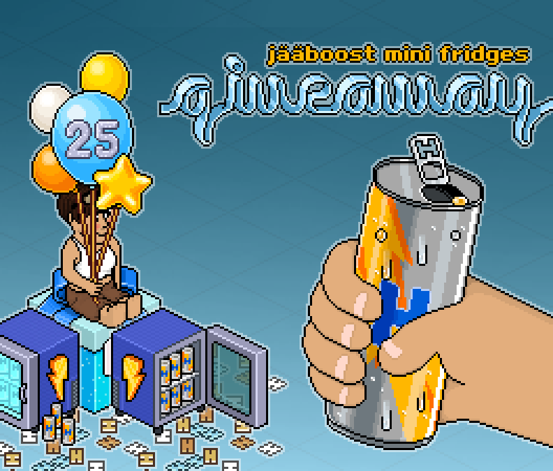 🍹 Who wants 𝟱 whooping JääBoost Mini Fridges? 🍹

- Follow me &amp; <a href="/Habbo/">Habbo</a>
- RT &amp; like this post
- Comment your username and hotel, also wish <a href="/Habbo/">Habbo</a> a happy birthday with the hashtag #Habbo25 🎂

The 𝟱 lucky winner(s) will be announced in 𝟱 days (𝟮𝟬/𝟬𝟴), good luck! 🥳