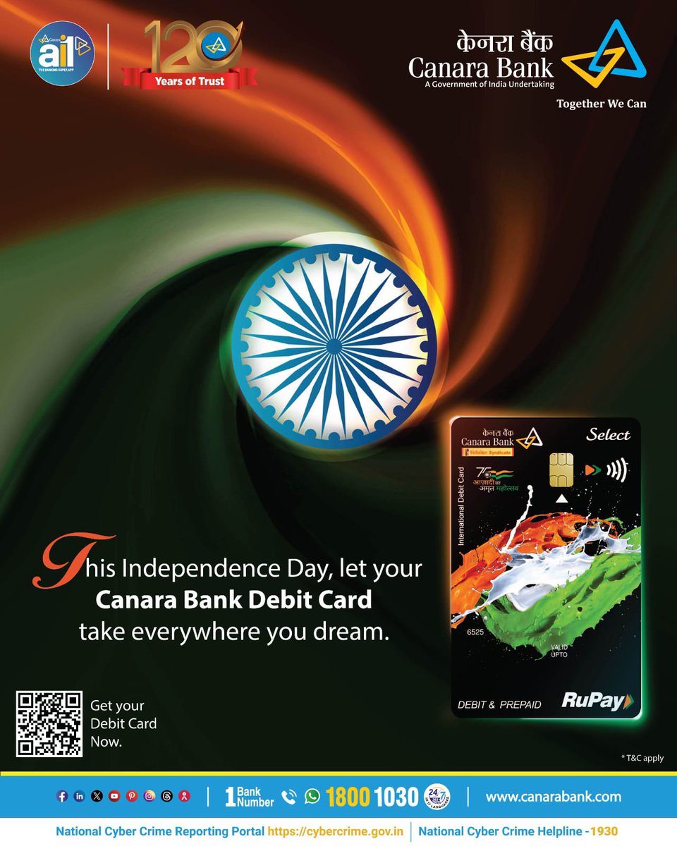 Celebrate the spirit of freedom, shop, travel and explore with your Canara Bank Debit Card, wherever your heart takes you.

#HarGharTiranga
#Independenceday2025
#tricolor
#CanaraBank
#HappyIndependenceDay
#CanaraDebitCard