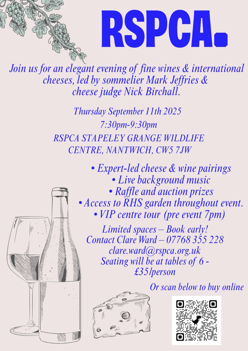 🐾 Sip, savour &amp; support! 🧀🍷 Cheese &amp; Wine Evening — fine pairings, live sax, raffle &amp; auction, all helping animals ❤️ 📅 Thu 11 Sept | £35 | VIP tours + RHS gardens 🌿
🎟️ ticketlab.app/event/32698#/ <a href="/nantwichnews/">NantwichNews</a> <a href="/RedShiftRadioUK/">RedShift Online</a> <a href="/thecat1079/">The Cat</a> <a href="/BbcStoke/">BBC Radio Stoke</a> <a href="/silk1069/">Cheshire's Silk 106.9</a>