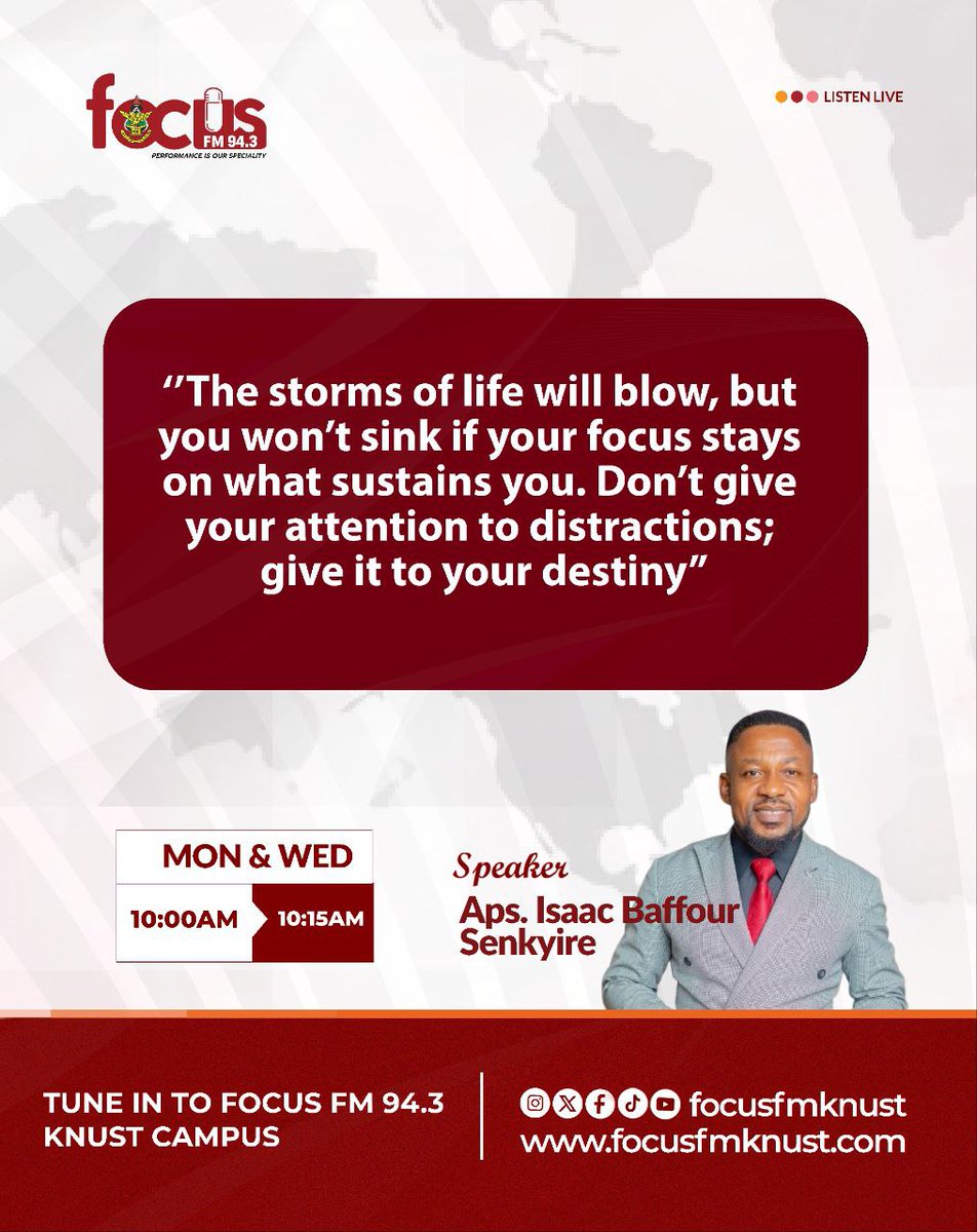 knustfocusfm's tweet photo. Feed your destiny, not your distractions
#faithamins #DestinyDriven #IgnoreTheNoise #staygrounded #StateFuneral #IndependenceSquare #DrOmaneBoamah #GhanaMourns https://t.co/fUuwv0rC21